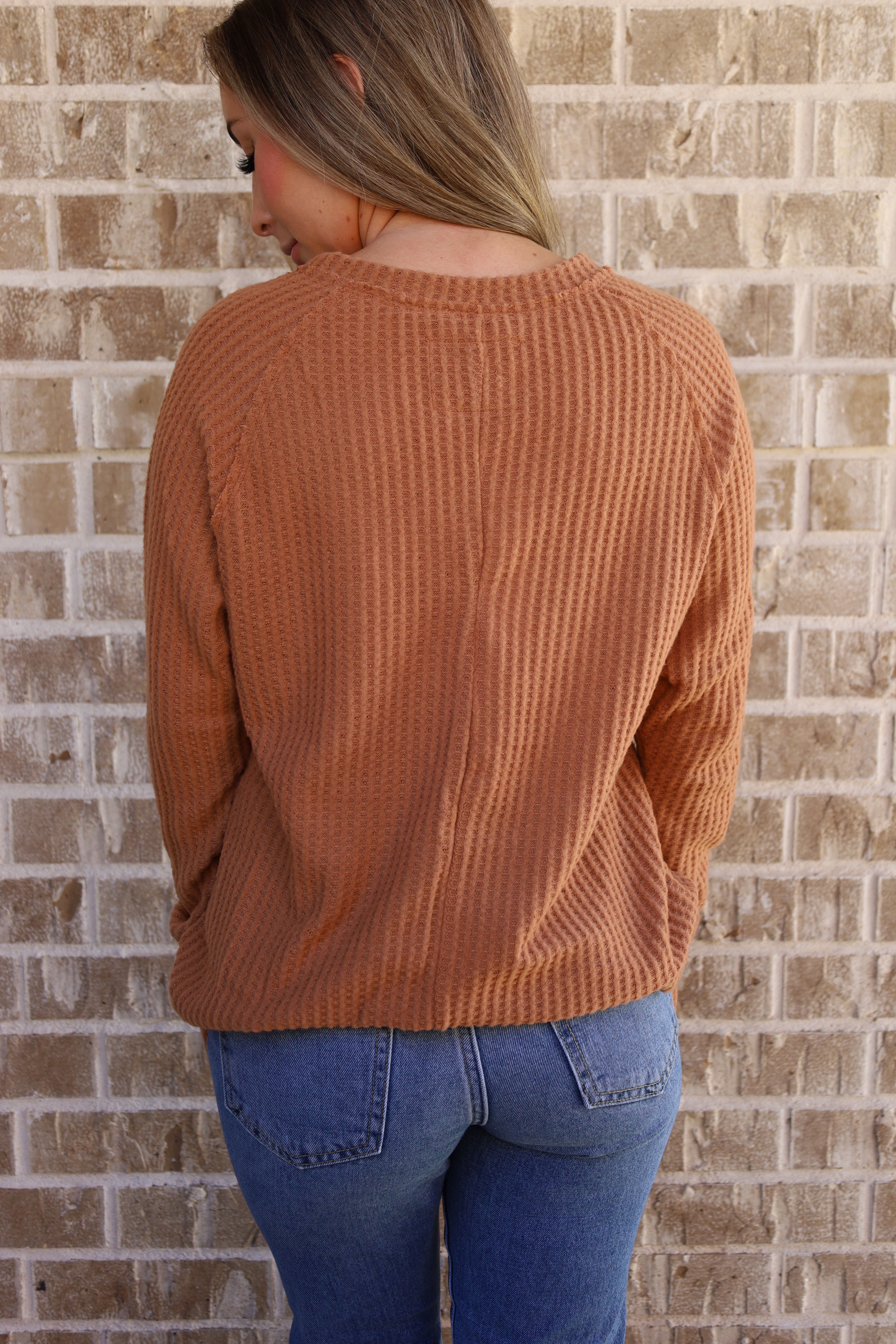 By The Campfire Brushed Waffle Knit Top in Camel