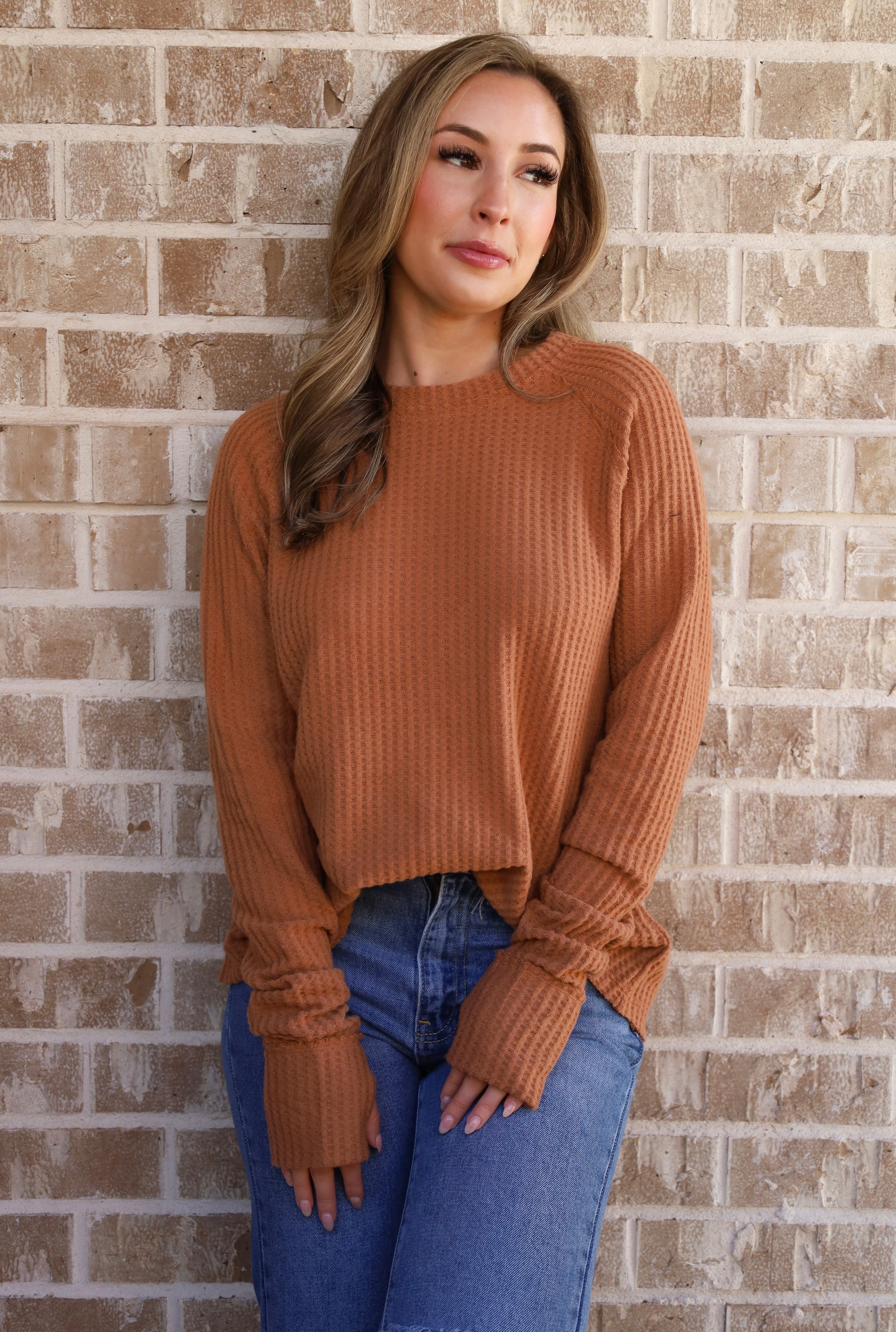By The Campfire Brushed Waffle Knit Top in Camel